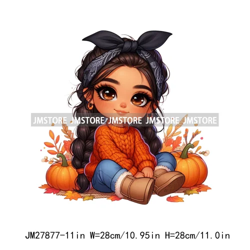 Cute Autumn Pumpkins Fall Vibes Laina Baby Hispanic Chibi Girls Logos DTF Iron On Transfer Stickers Ready To Press For T-shirts