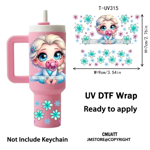 Watercolor Little Girl Cartoon Princess Flowers UV DTF Wraps Ready To Use Transfer Stickers Waterproof For Mini Tumbler Keychain