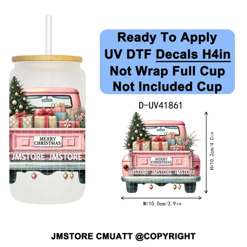 Watercolor Christmas Farm Truck Xmas Gifts UV DTF Transfer Stickers Decals Ready To Apply Waterproof For 16OZ Libbey Glass Can