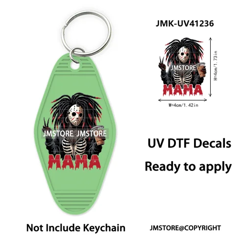 Horror Character Mama Coffee Lover UV DTF Motel Keychain Decal Ready To Ship Durable Transfer Stickers Prints For Hotel Keychain