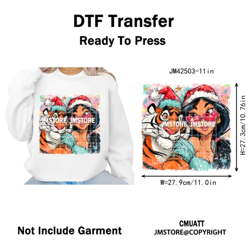 Glasses Cartoon Princess Animal Christmas Brushstroke Festive Vibes Iron on DTF Transfers Stickers Ready to Press for Hoodies