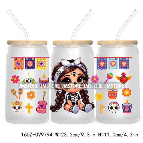 Day Of The Dead 16OZ UV DTF Cup Wrap Transfer Stickers Hispanic Chibi Baby Girl Custom Labels Waterproof For Libbey Glass Can