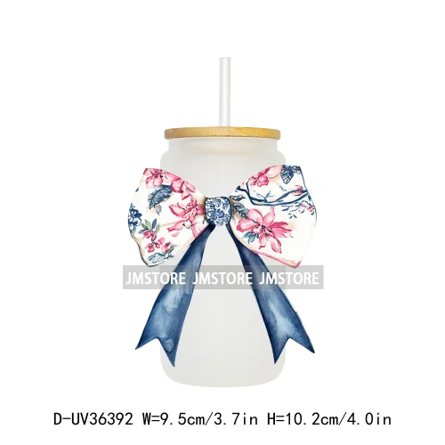 Blue Chinoiserie Coquette Bow UV Sticker Decals For Libbey Cold Cups Mug Tumbler Transfer Stickers Waterproof Top Quality Prints