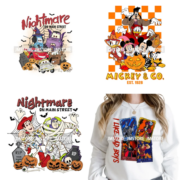 Nightmare on Main Street Pumpkin Spooky Halloween Cartoon Season Iron on DTF Heat Transfers Stickers Ready to Press for Hoodies