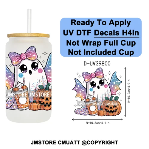 Cute Halloween Witch Ghost Sweet Boo UV DTF Decals Ready To Apply Waterproof Transfer Stickers Prints For 16OZ Libbey Glass Can
