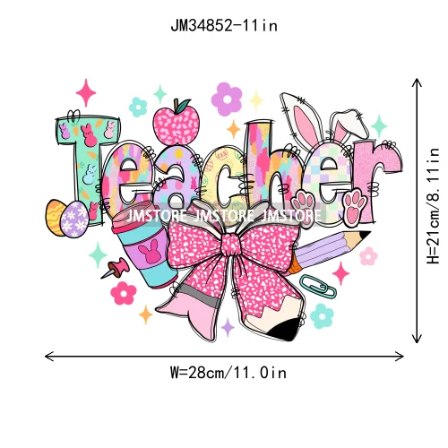 Cute Teacher Bunny Coquette Teaching Sweet Heart Floral Happy Easter Iron On DTF Transfers Stickers Ready To Press For Clothing