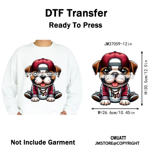 12in Streetwear Vibes Rich Cool Cartoon Bulldog King Designs Washable Iron on DTF Transfers Stickers Ready to Press for Clothes