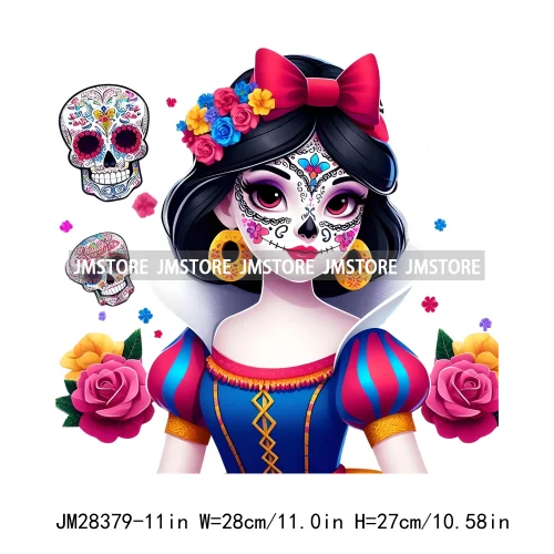 Cute Mexican Day Of The Dead Skeleton Catrina Princess Dolls Iron On DTF Heat Press Transfers Stickers Printing For Clothes