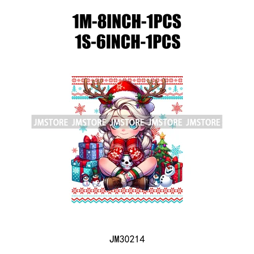 Cute Princess Red Ugly Sweater Cartoon Girls Friends Merry Christmas Iron On DTF Transfers Stickers Ready To Press For Clothing