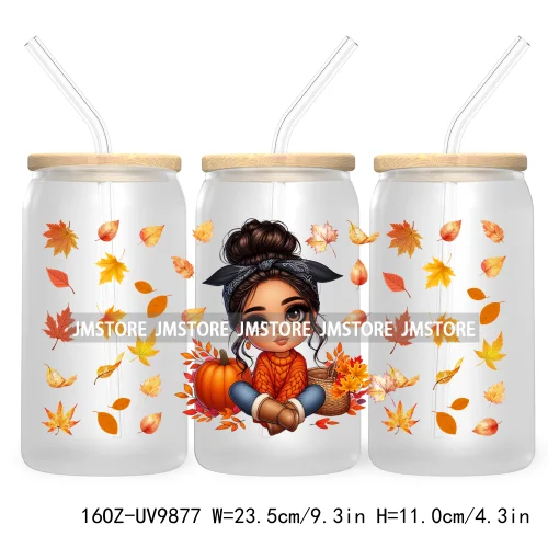 Mexican Latina Chibi Autumn Baby Girl UV DTF Sticker For 16OZ Libbey Glass Cup Can Wrap Transfer Stickers Custom Labels DIY Logo