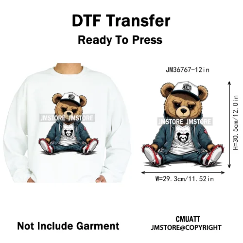 12in Cool Retro Urban Streetwear Graffiti Hip Hop Teddy Bear Iron On DTF Washable Transfers Stickers Ready to Press For Clothing