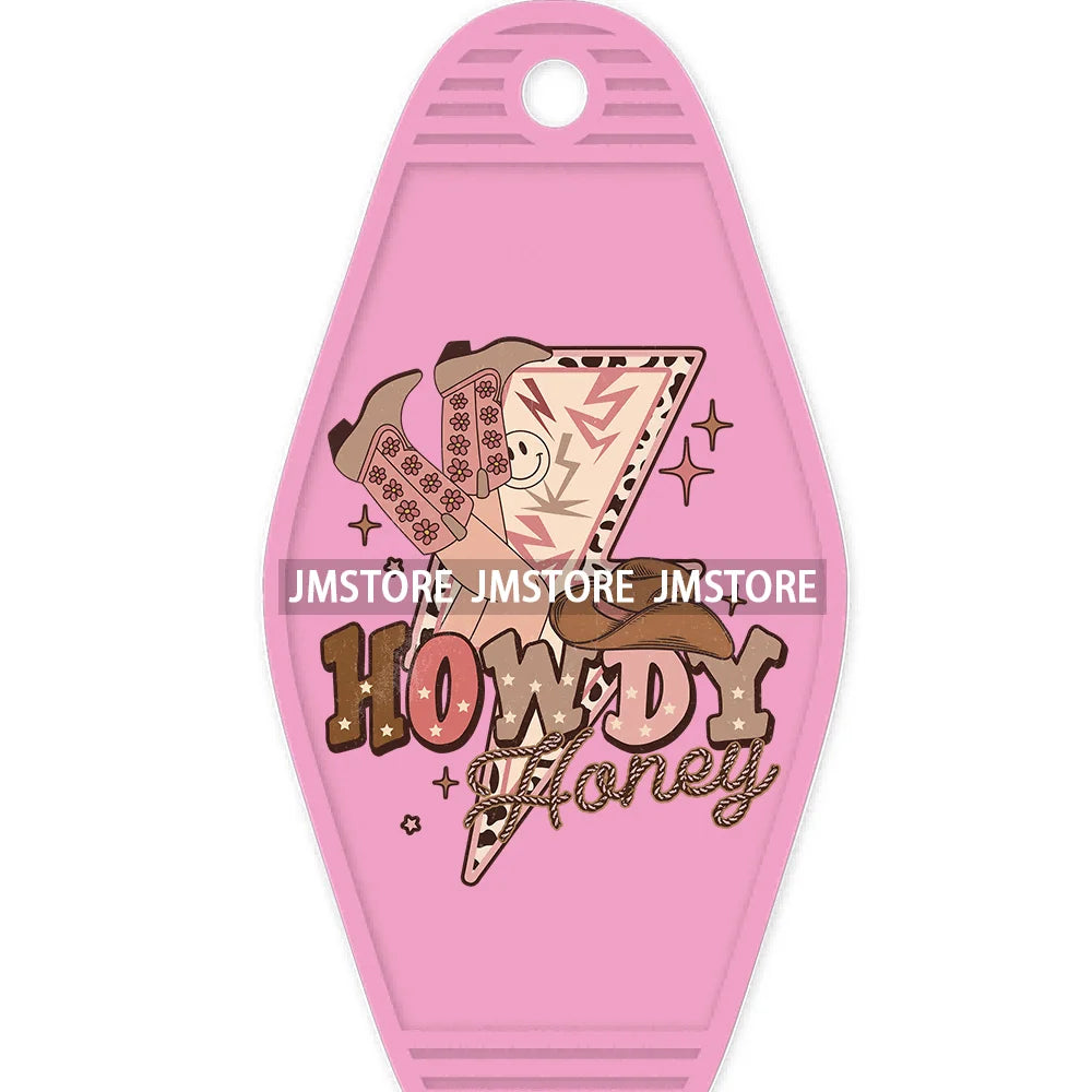 Pink Cowgirl Valentine's Day Candy Hearts High Quality WaterProof UV DTF Sticker For Motel Hotel Keychain Leopard Love Vibes