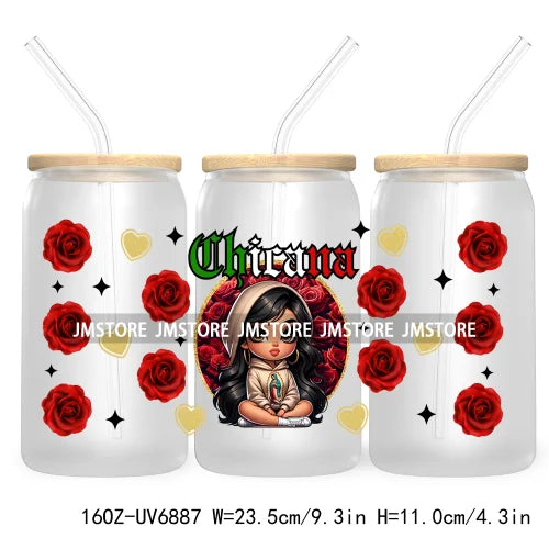 Chibi Latina Chicana 16OZ UV DTF Cup Wrap Transfer Stickers For Libbey Glass Can Cups Tumbler Waterproof Craft Mexican Girl Rose