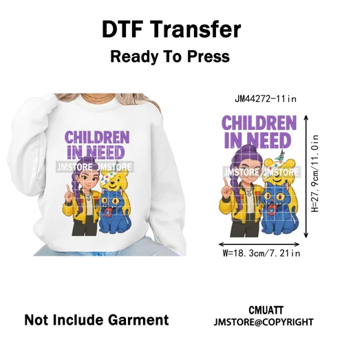 Cute Cartoon Bear Children in Need Charity Raising Kids Iron on Washable DTF Heat Transfers Stickers Ready to Press for Textiles