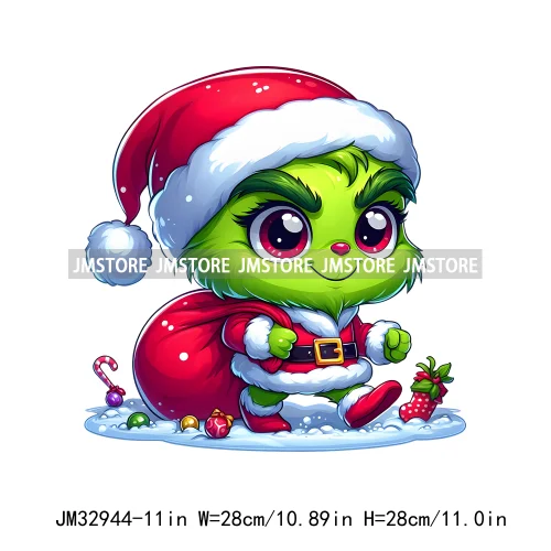 Cute Green Baby Cartoon Santa Claus Christmas Vibes Xmas Holiday Iron On DTF Transfers Stickers Ready To Press For Sweatshirts