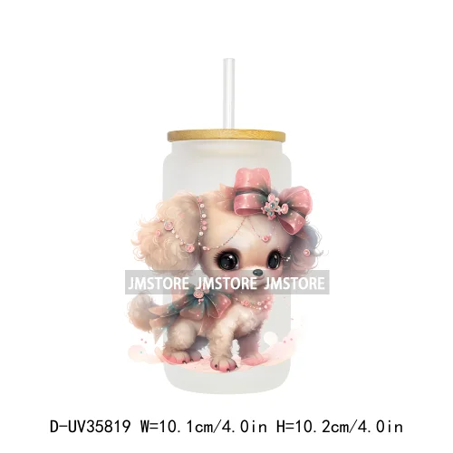 Cute Puppy Coquette Bow Baby Dog UV DTF Transfer Stickers Decals Ready To Apply Waterproof For 16OZ Libbey Glass Can Cup Tumbler