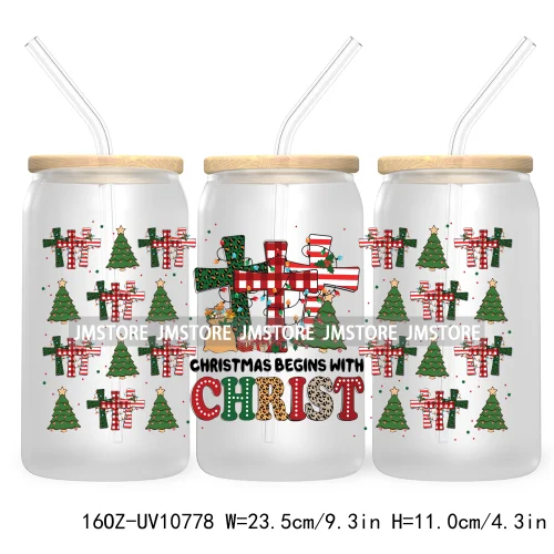 Religious Jesus Christmas UV DTF Cup Wrap For Libbey Glass Can Transfer Stickers Waterproof Custom Labels Christian Cross Bow