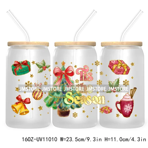 Coquette Glitter Holly Jolly Christmas Tree UV DTF Cup Wrap For Libbey Glass Can Transfer Stickers Waterproof Custom Labels Gift