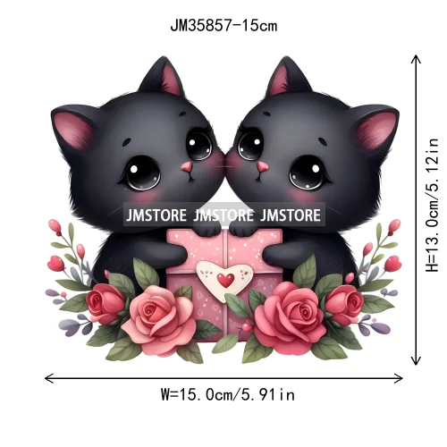 15cm 5.9in Kids Cute Flower Heart Love Valentine Black Cat Iron On Heat Transfer Sticker For Clothes Print Vinyl Washable Decal