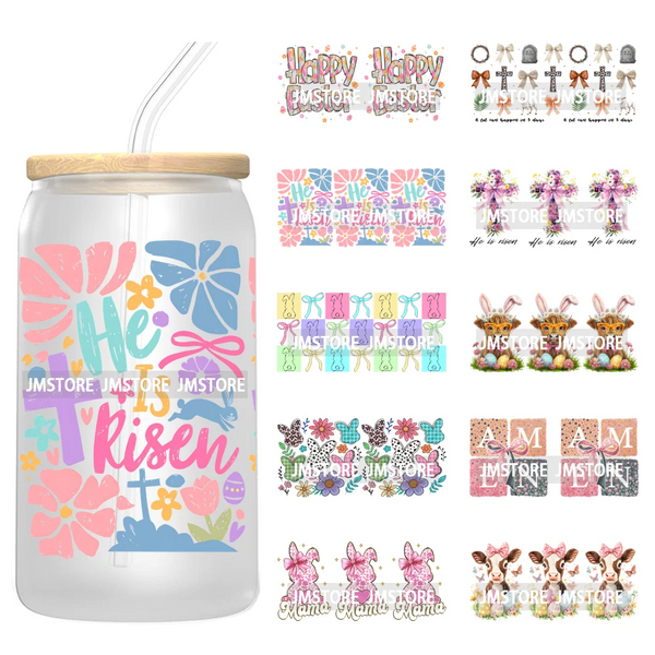 He Is Risen Christian Easter 16OZ UV Cup Wrap DTF Transfer Stickers For Libbey Glass Can Cups Tumbler Girly Happy Easter Bunny