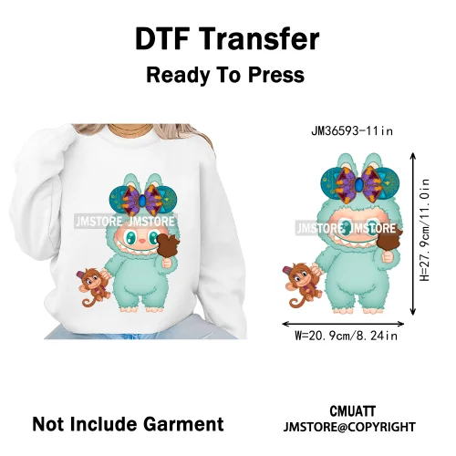 Cute Baby Cartoon Monster Doll Character Bow Girly Washable Decals Iron On DTF Heat Transfer Stickers Ready To Press for Clothes