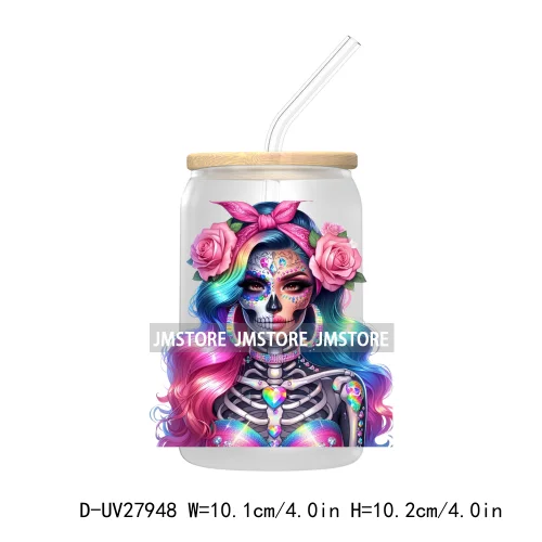 Rainbow Diamond Glamor Latina Skeleton UV DTF Transfer Stickers Decals For Libbey Cold Cups Mugs Tumbler Chicana Latina Woman