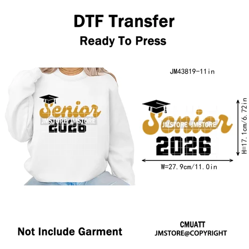 2026 Varsity Graduate Season College Senior Year Bow Iron on Washable DTF Heat Transfers Stickers Ready to Press for Sweatshirts