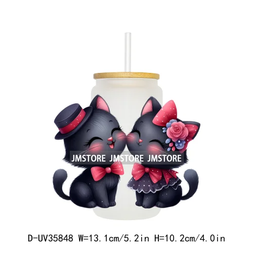 Valentine's Day Black Cat Couple UV DTF Transfer Stickers Decals Ready To Apply Waterproof For 16OZ Libbey Glass Can Cup Tumbler