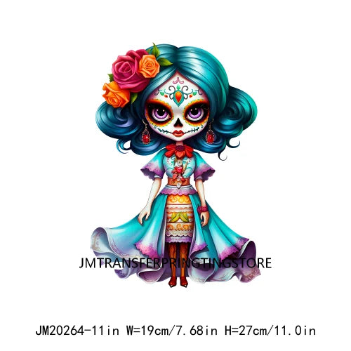 Cute Doll La Catrina Day Of The Dead Sugar Skull Mexican Halloween Iron On DTF Transfer Stickers Ready To Press For Hoodies Bags