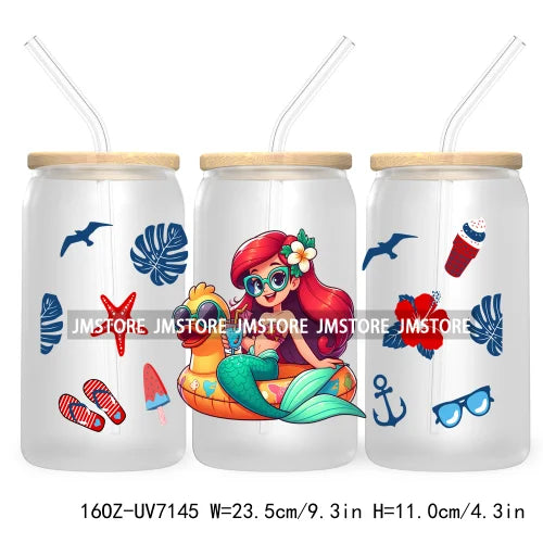 Cartoon Princess's Summer Vacation 16OZ UV DTF Cup Wrap Transfers Stickers For Libbey Glass Can Cups Tumbler Waterproof Craft