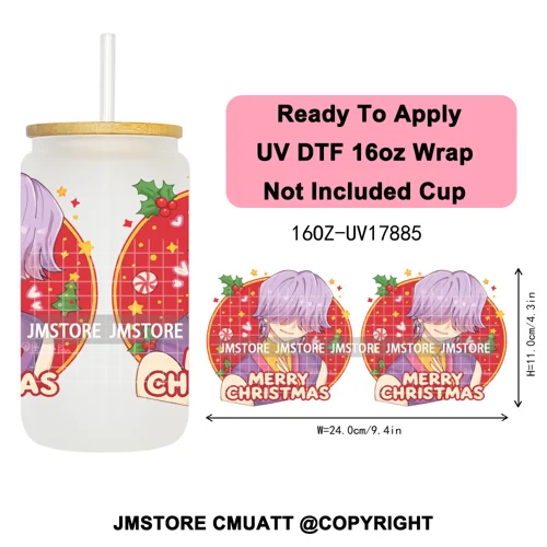 Merry Christmas Kpop Movie Character Anime Girl UV DTF Stickers Ready To Apply Cup Wrap High Quality For 16OZ Libbey Can Glass