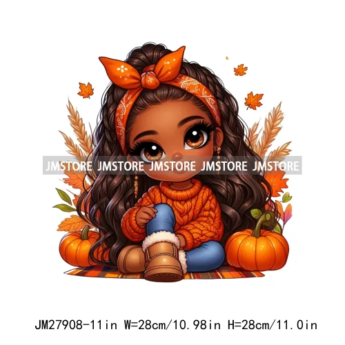 New Autumn Chibi Black Baby Girls Cartoon Afro Princess Pumpkin Fall Season DTF Iron On Heat Press Transfer Stickers For Hoodies