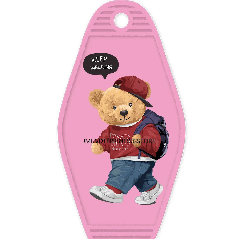 Cute Pink Teddy Bear Girl High Quality WaterProof UV DTF Sticker For Motel Hotel Keychain Brown Bears Baseball