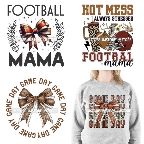 Hot Mess Coquette Football Mama Bow Touchdown Season Sport Vibes Iron On DTF Transfer Stickers Ready To Press For Sweatshirt