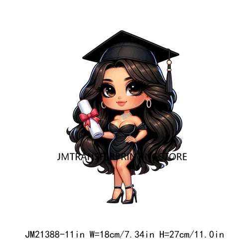 Cool Pretty Chibi Latina College Graduation Girls Educated Diploma Iron On DTF Transfer Stickers Ready To Press For T-shirts