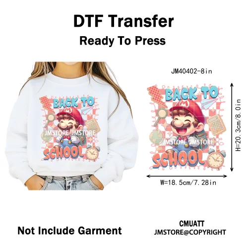 Colorful Checkered Cartoon First Day of School Design Kid Back To School Iron on DTF Transfer Sticker Ready to Press for Clothes