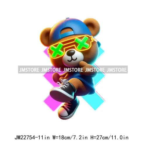 Cool Neon Colorful Hip Hop Streetwear Urban Teddy Bear Iron On DTF Transfers Stickers Ready To Press For Clothing Bags