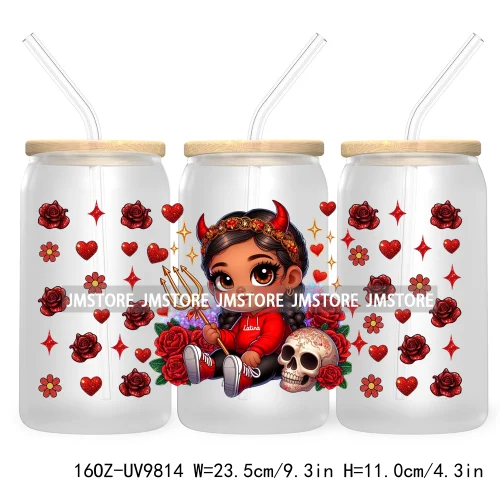 Day Of The Dead 16OZ UV DTF Cup Wrap Transfer Stickers Hispanic Chibi Baby Girl Custom Labels Waterproof For Libbey Glass Can