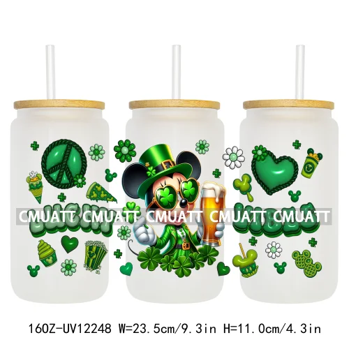 Happy St Patricks Cartoon Princess Characters Feeling Lucky Four Leaf Clover 16OZ UV DTF Cup Wrap Sticker For Libbey Glass Can