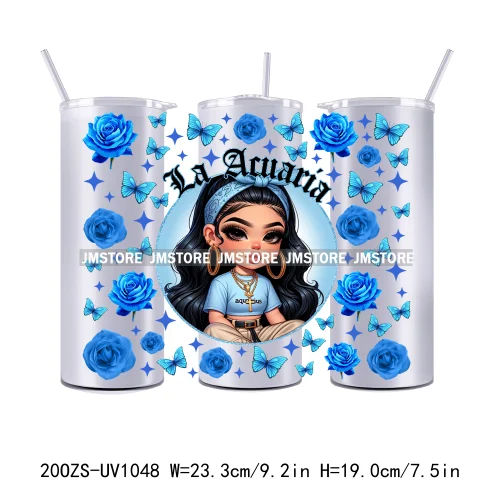 Latina Zodiac Girl Butterfly 20OZ Straight Skinny Tumbler Wrap Ready To Apply UV DTF Transfer Stickers Custom Prints For Tumbler