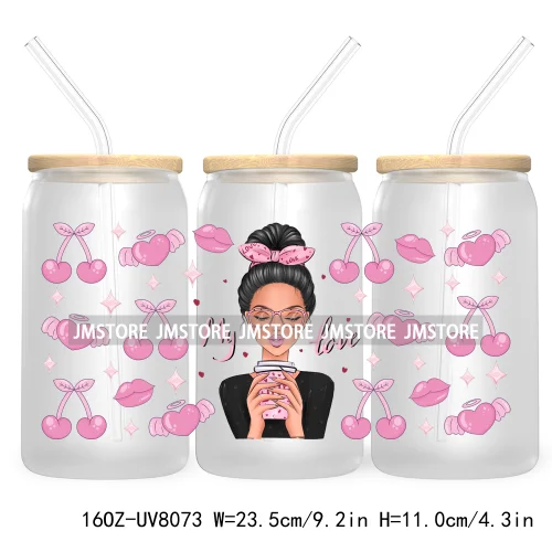 Woman With Bubble Gum Pink UV DTF Sticker For 16OZ Libbey Glass Cup Can Wrap Transfer Stickers Custom Labels DIY Logo Messy Bun