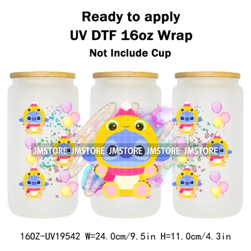Watercolor Cartoon Character In Costumes UV DTF Wraps Ready To Apply Transfer Stickers Waterproof For 16OZ Libbey Glass Can Mugs