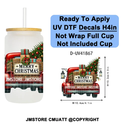 Watercolor Christmas Farm Truck Xmas Gifts UV DTF Transfer Stickers Decals Ready To Apply Waterproof For 16OZ Libbey Glass Can