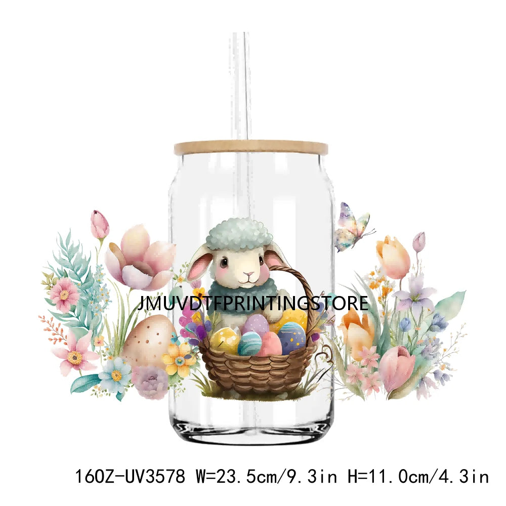 Happy Easter Day UV DTF Sticker For 16OZ Libbey Glass Cup Can Wrap Transfer Sticker Custom Labels DIY Logo Animals Bunny Eggs