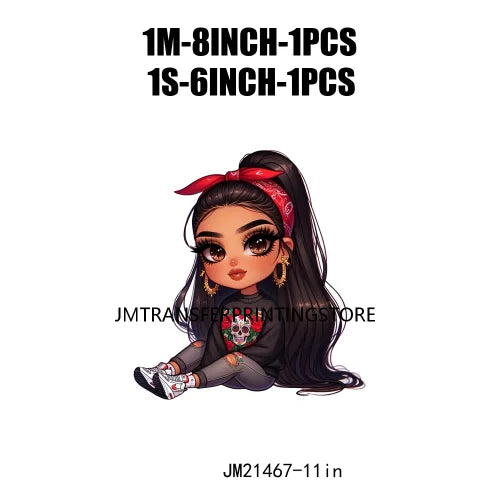 New Chibi Chicana Lovely Bow Rose Baby Girls Latina Princess Iron On DTF Heat Transfer Stickers Ready To Press For Clothing