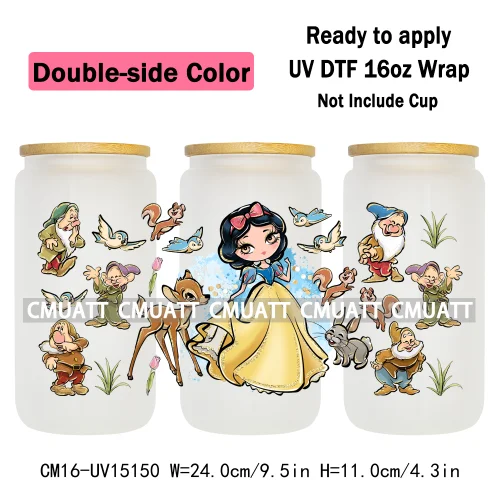 Double Sided Color UV DTF Cup Wraps 16OZ Bulk Waterproof Wholesale Custom Cartoon Cute Princess Mug Glass Water Bottles Sticker