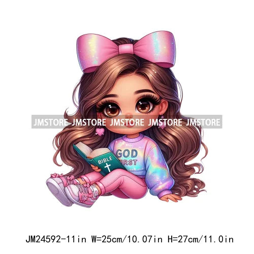 God First Chibi Cute Brown Hair Latina Dolls Baby Girls Coquette Bow Iron On DTF Transfer Stickers Ready To Press For Hoodies