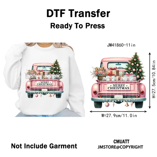 Christmas Pickup Truck Car Winter Tree Snowy Holiday Decoration Iron on DTF Heat Transfers Stickers Ready to Press for Clothing