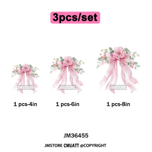 Pink Bow Silk Wedding Coquette Girl Ribbon Tied Printing Iron on DTF Thermal Transfers Stickers Ready to Press for Clothing Bags