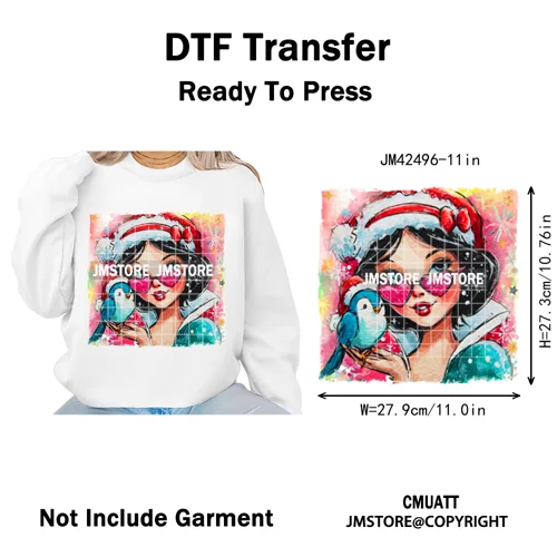 Glasses Cartoon Princess Animal Christmas Brushstroke Festive Vibes Iron on DTF Transfers Stickers Ready to Press for Hoodies